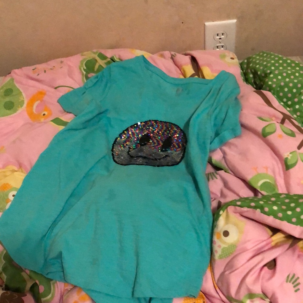Teal shirt with rainbow Sequences that to flip